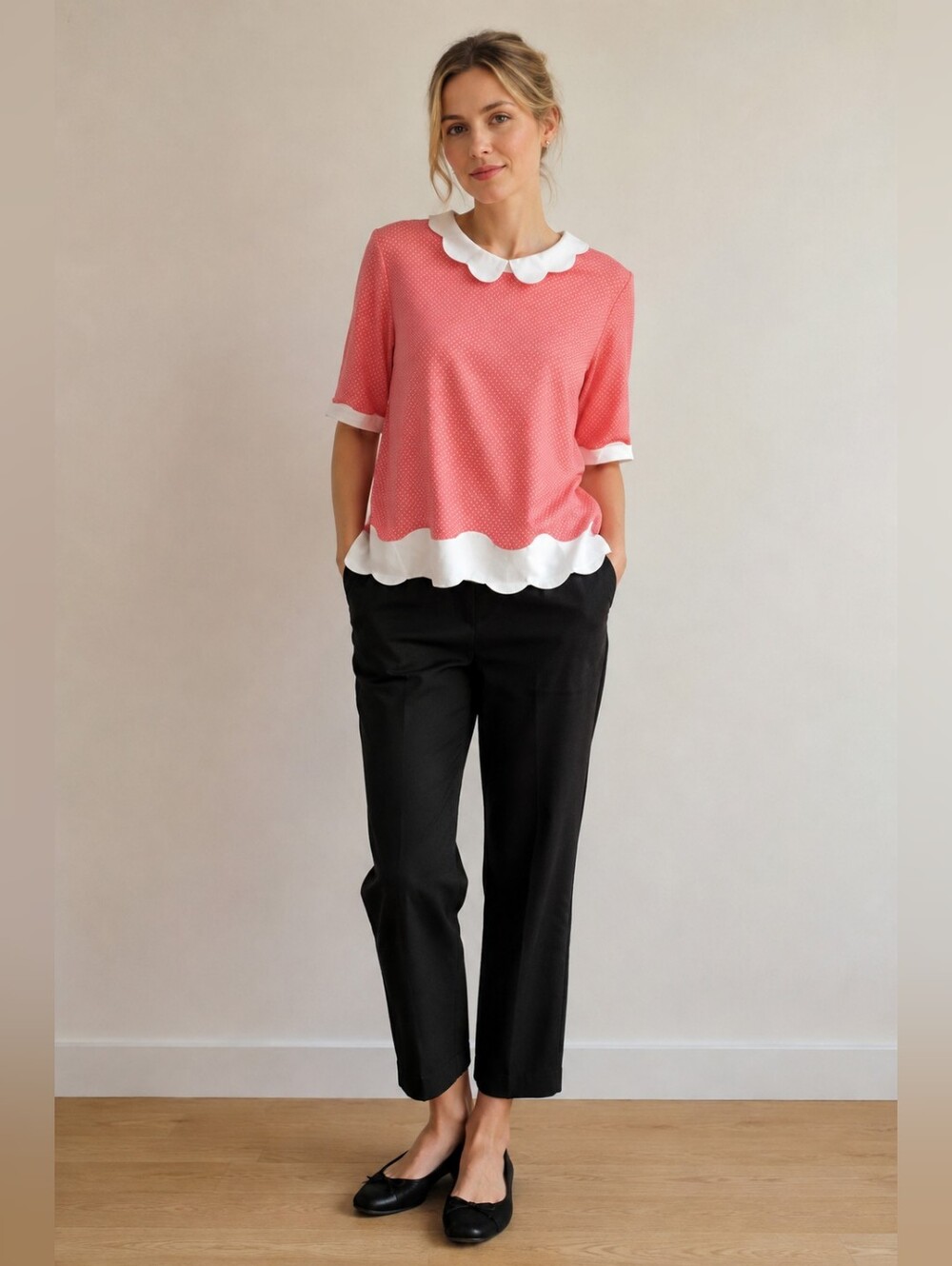 Faith and Joy Coral Polka Dot Peter Pan Collar Blouse with White Trim